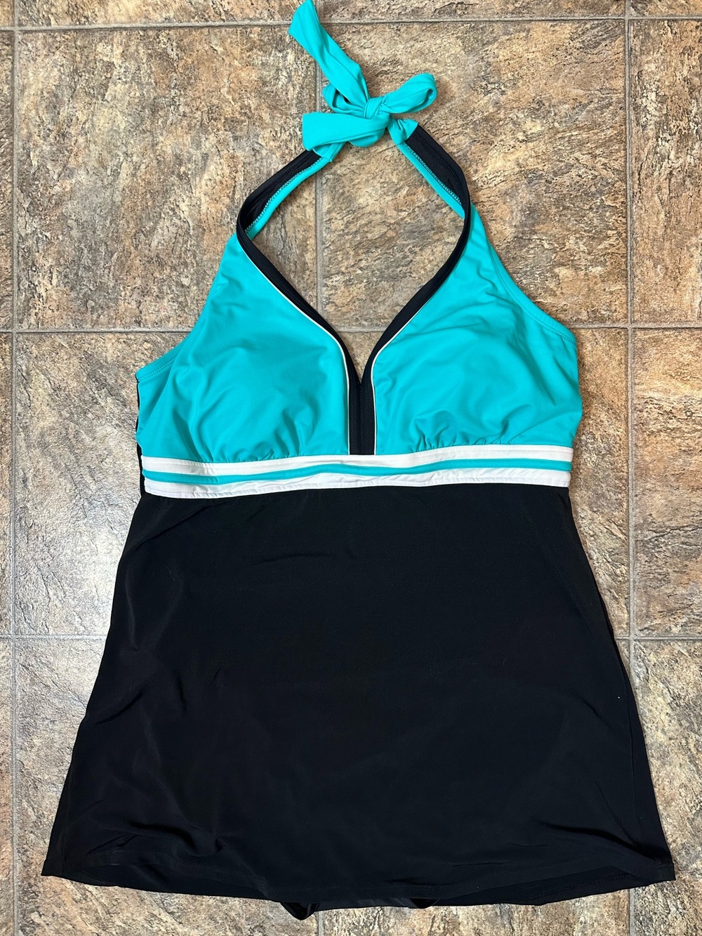 Catalina Turquoise and Black Halter One-Piece Swimdress- 2X (18W-20W) - Picture 2 of 5